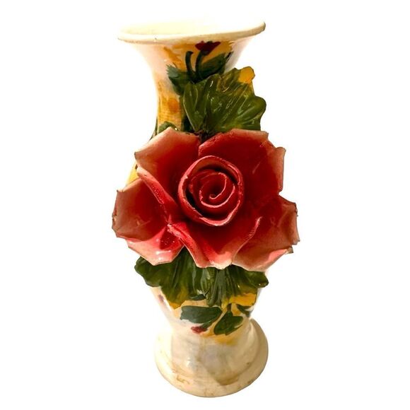 Vintage Capodimonte Vase BIG Applied PINK ROSE Mid Century MADE IN ITALY 7” - Picture 1 of 7